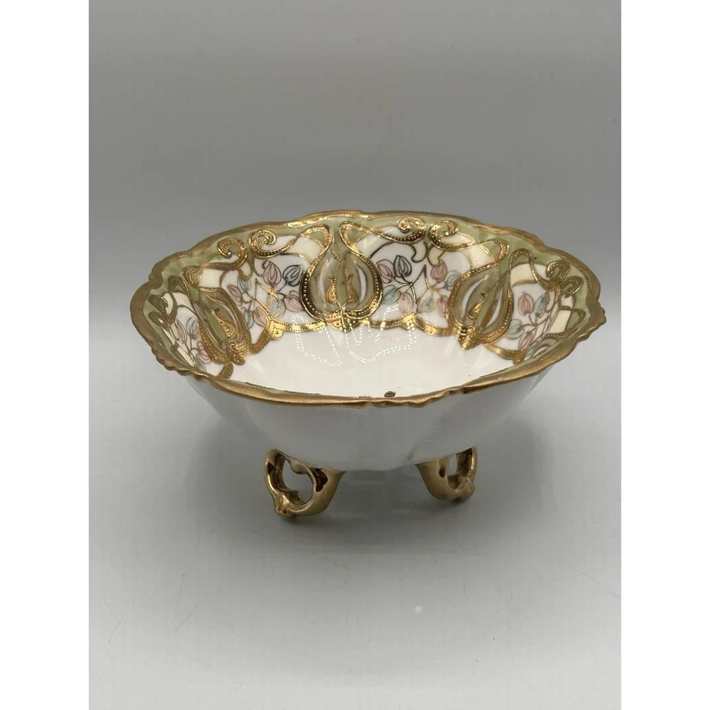 Vintage Nippon Footed Berry Bowl With Hand Painted Gold Gilt & Floral Design